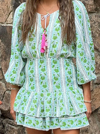 BELL Siena Mini Dress in green turq border stripe - women's dress - detail view