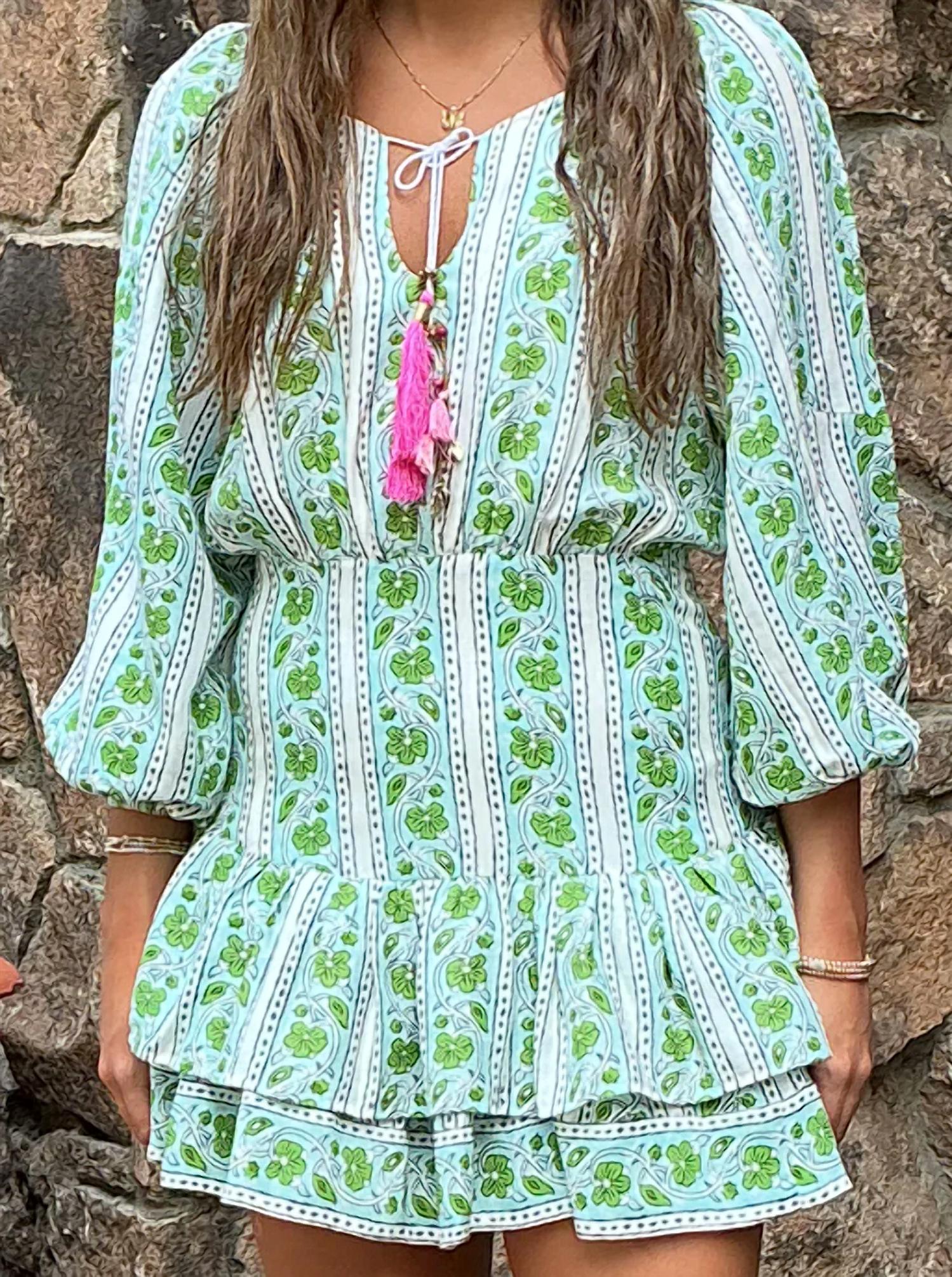 BELL Siena Mini Dress in green turq border stripe - women's dress - detail view
