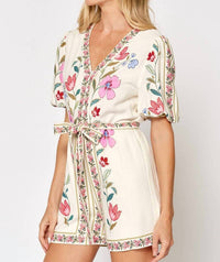 lalavon Floral Tie Waist Puff Sleeve Romper in off white pink multi - women's pants - view 4