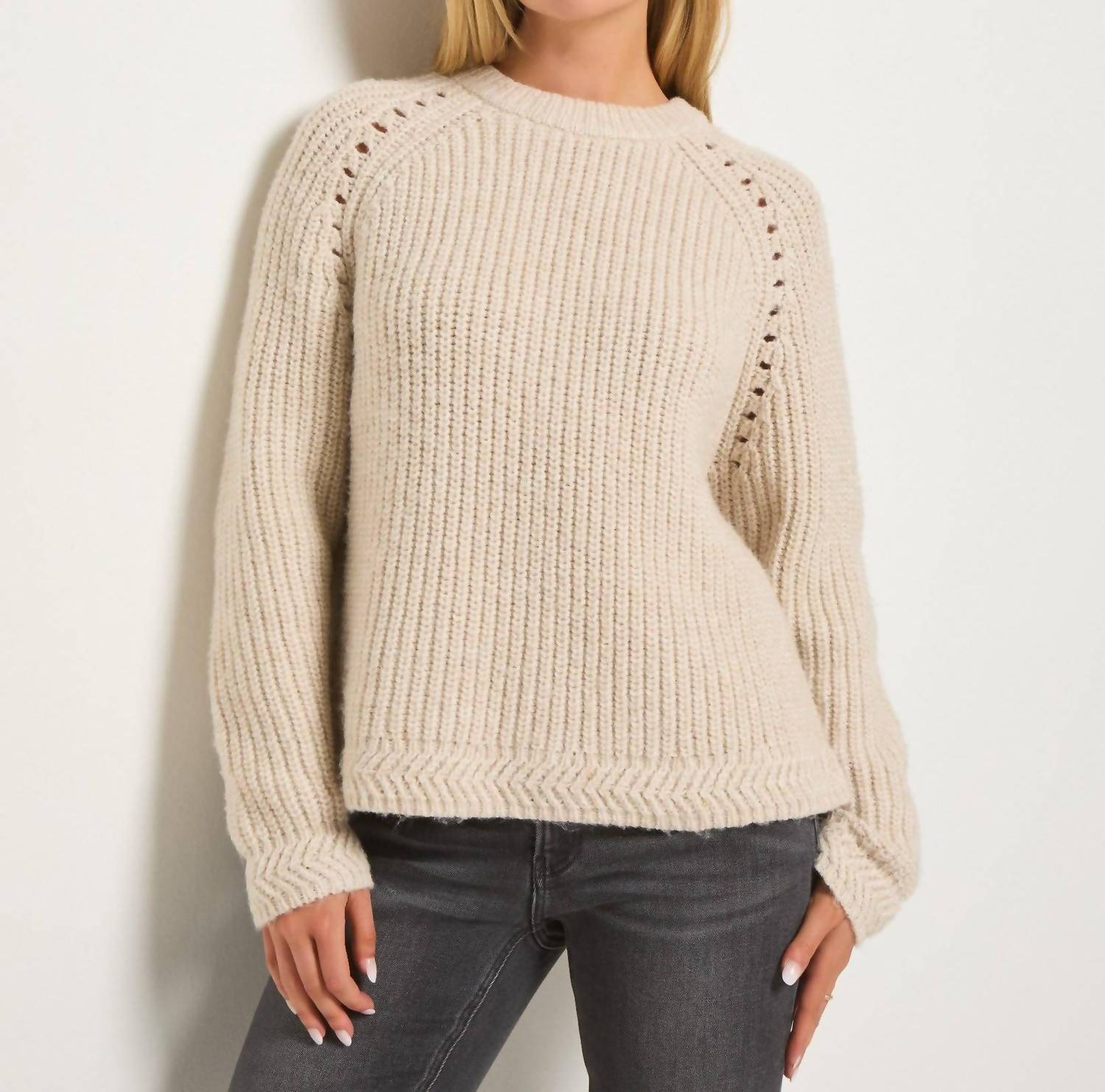 Seventy Eight and Sunny Fisherman Long Sleeve Raglan Sweater in birch - women's sweater - detail view
