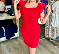 She + Sky - Ruffled Sleeve Heavy Knit Square Neck Mini Dress