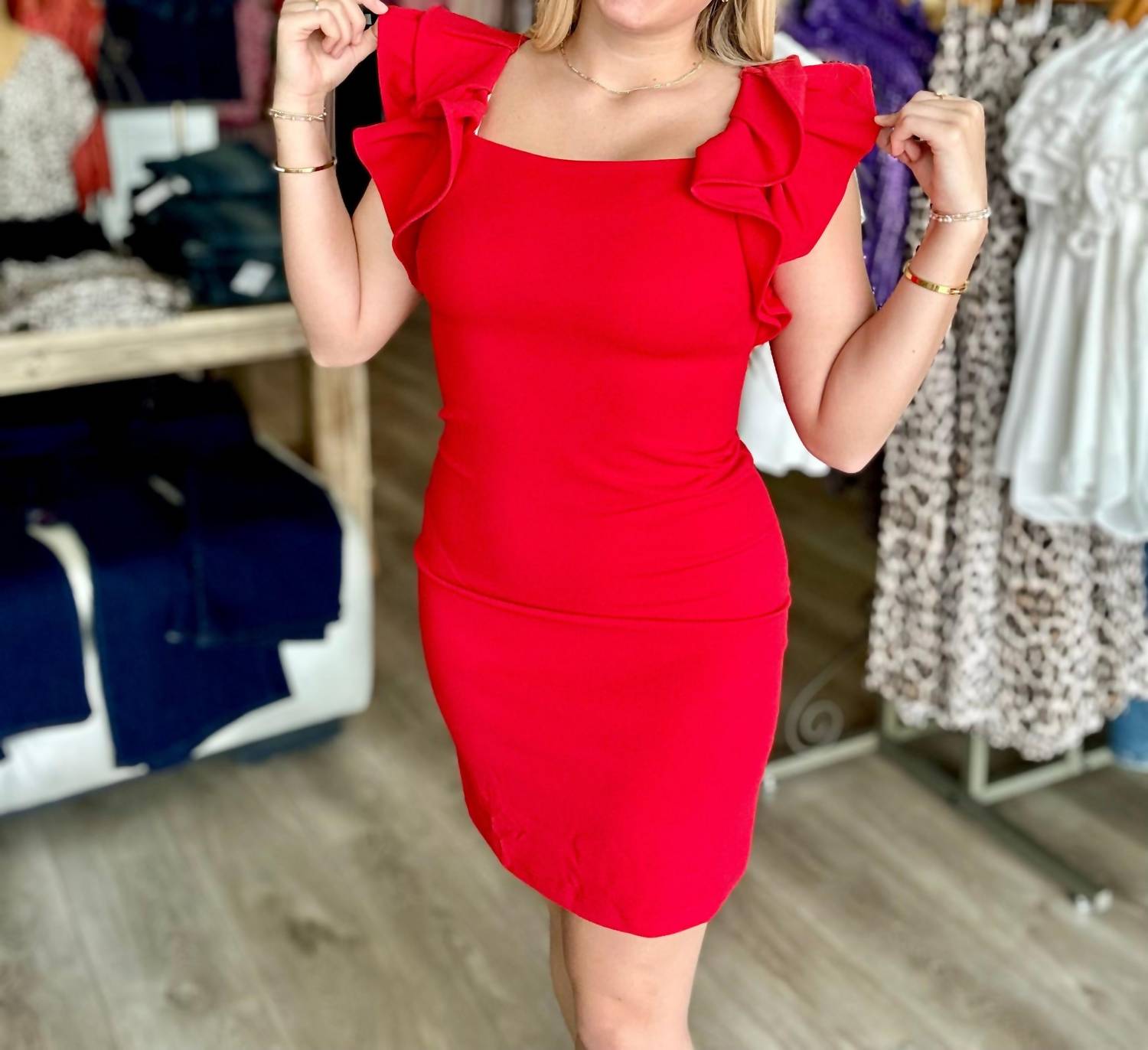 She + Sky - Ruffled Sleeve Heavy Knit Square Neck Mini Dress