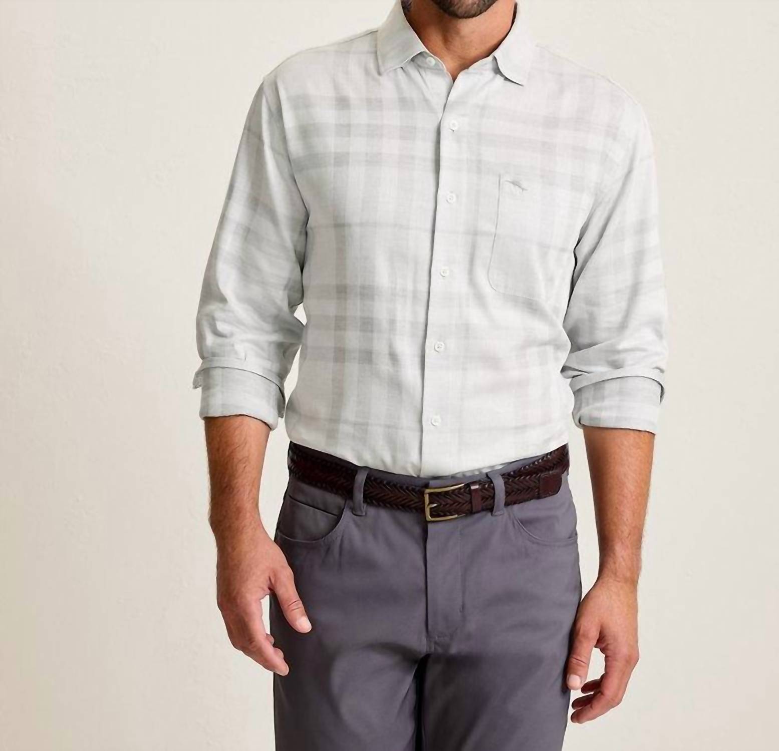 TOMMY BAHAMA Mist Plaid Shirt in silver streak - men's long sleeve top - detail view