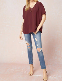 entro Solid V-neck Top in burgundy - women's blouse - view 7