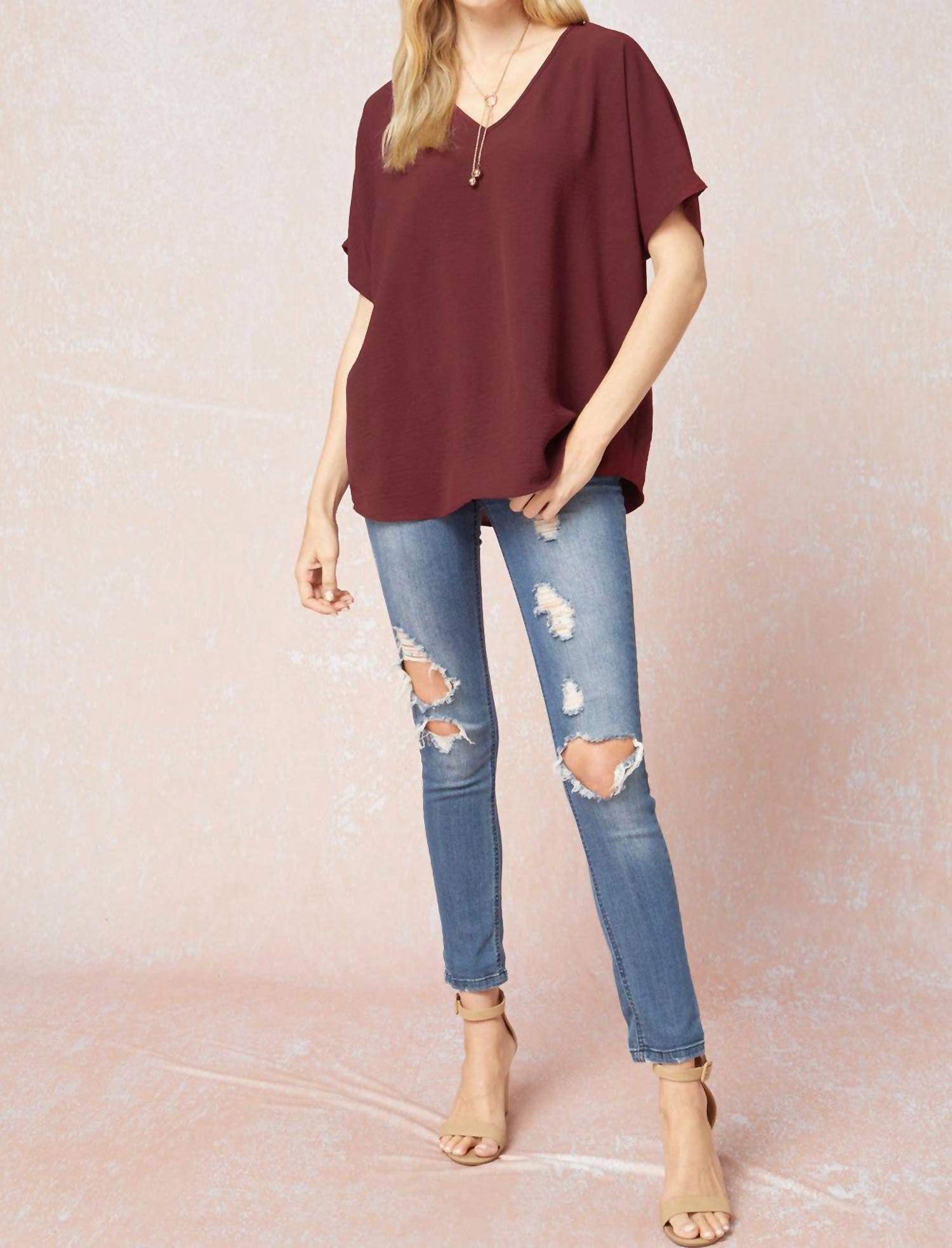 entro Solid V-neck Top in burgundy - women's blouse - view 7