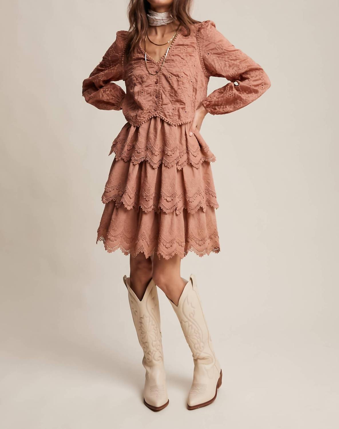 Listicle Tamara Tiered Scallop Embroidered Dress in terracotta - women's dress - view 4