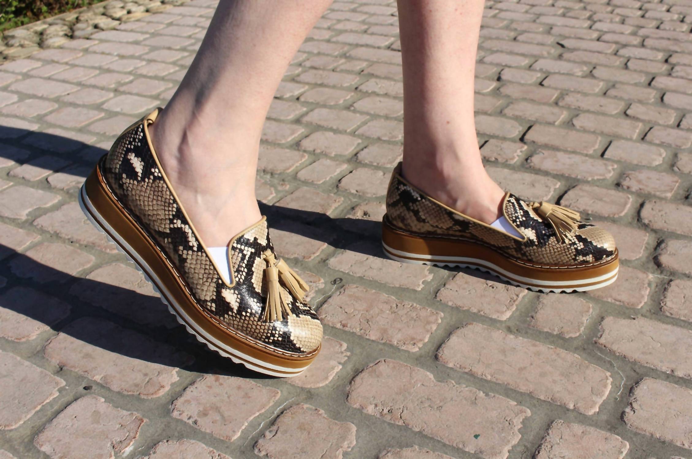 Michele Lopriore Women's Cassidy Snakeskin Platform Loafers in cream brown - women's flats - view 5