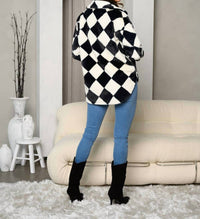 Wholesale Fashion Trends Long Sleeve Square Print Button Closure Jacket in white black - women's jacket - alternate view