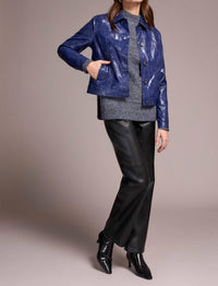 Tribal - Faux Leather Button-front Collar-accent Jacket