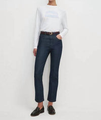 Favorite Daughter Cropped Collegiate Long Sleeve Tee in white light blue - women's long sleeve top - detail view