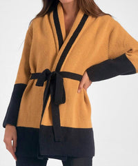 ELAN Belted Color Block Cardigan in curry black - women's cardigan