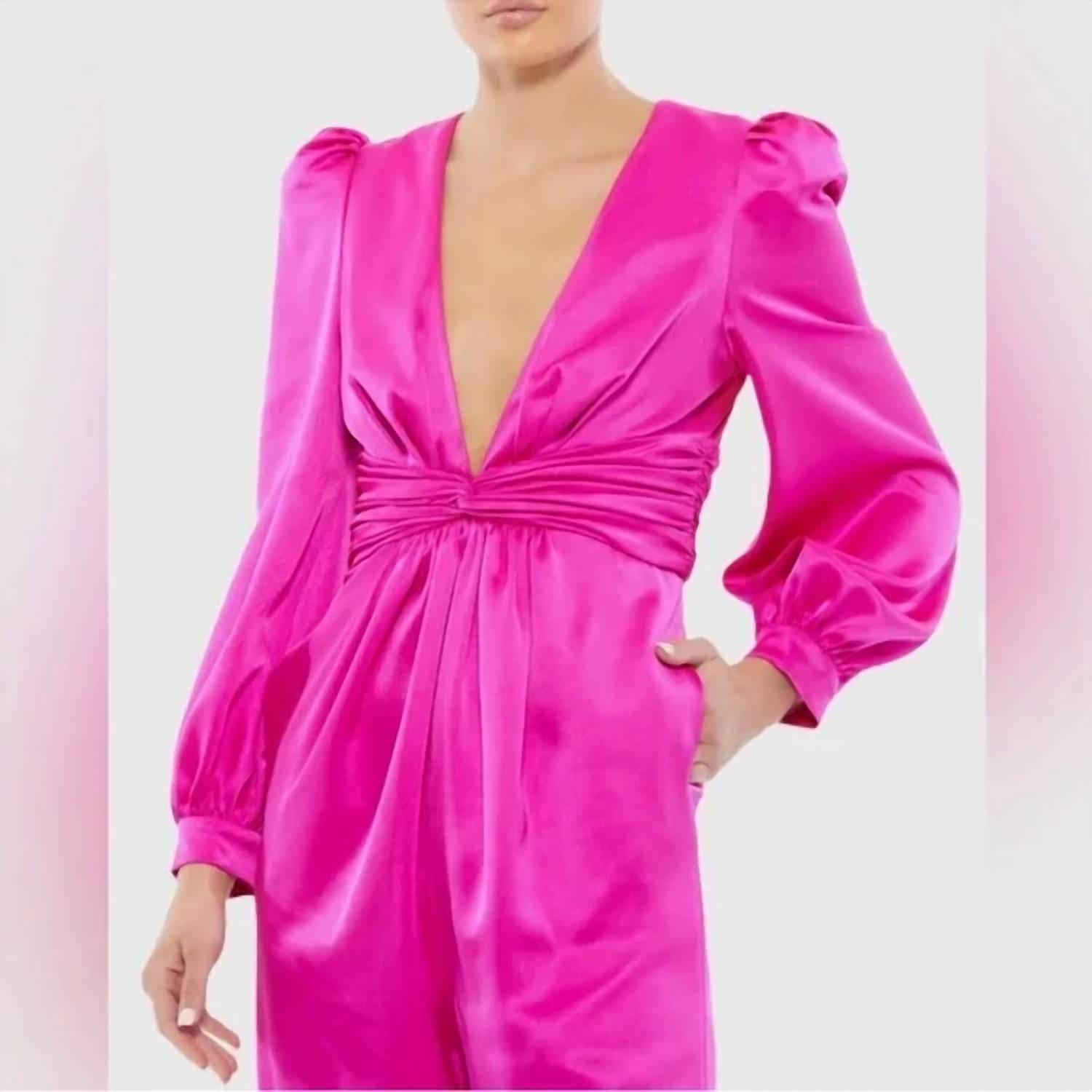 Mac Duggal - Fronttwist Puff Sleeve Deep V Jumpsuit