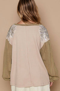 POL Glam Patches Contrast Long Sleeves Knit Top in beige multi - women's long sleeve top - detail view