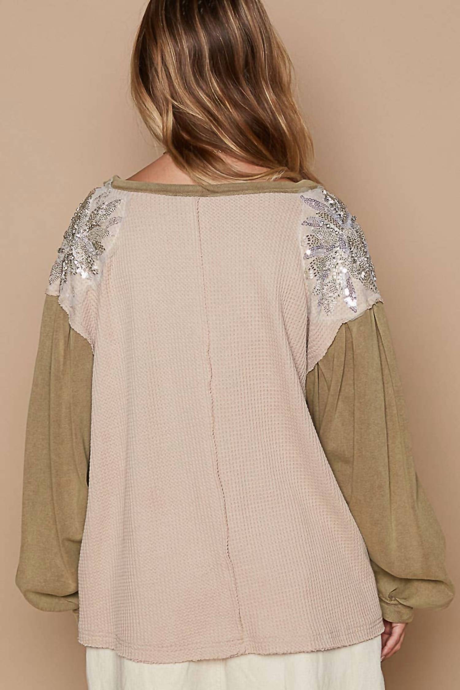 POL Glam Patches Contrast Long Sleeves Knit Top in beige multi - women's long sleeve top - detail view