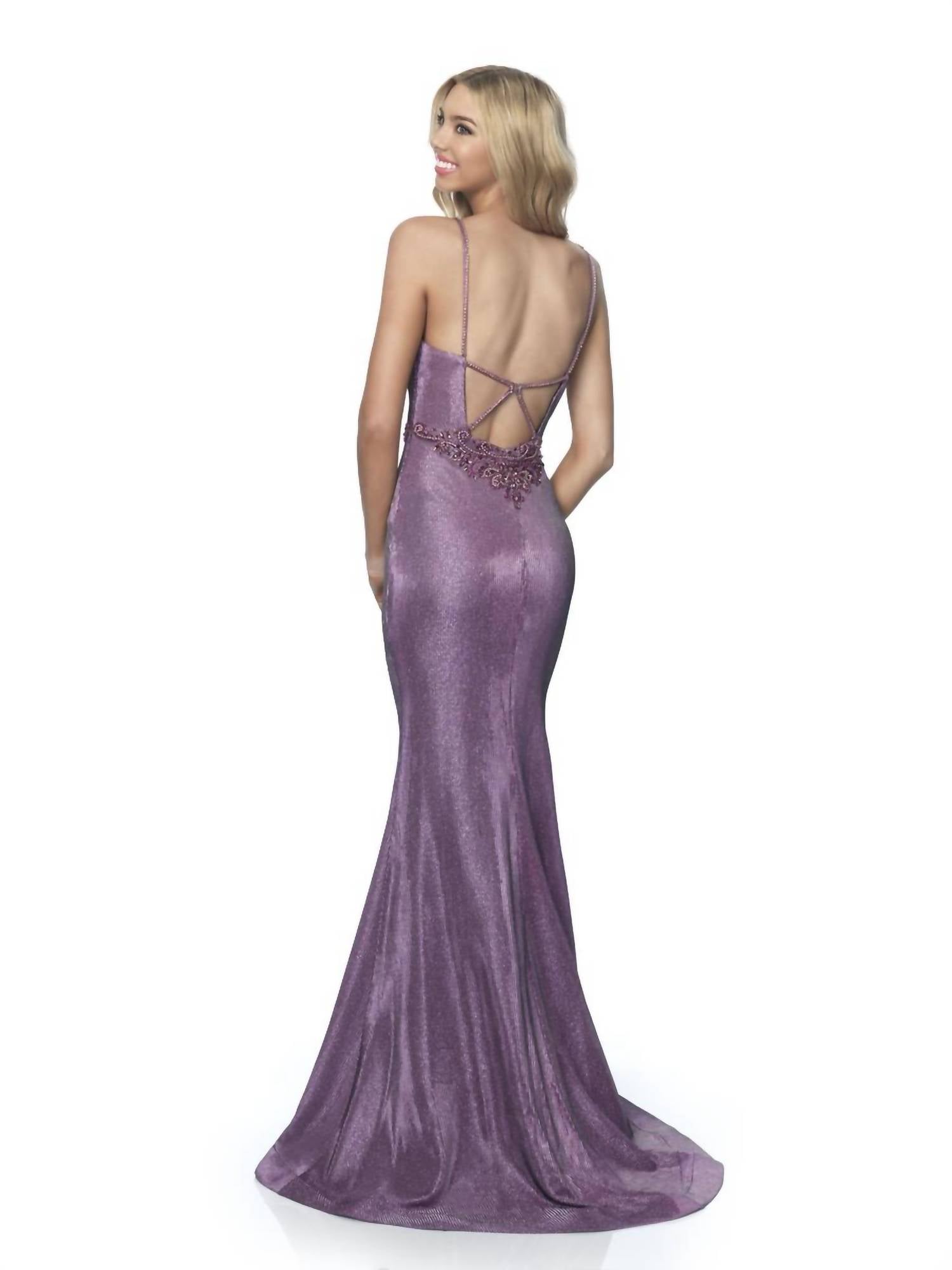 Blush Prom - Metallic Shimmer Knit Plunging Neckline Prom Dress