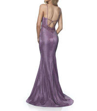 Blush Prom - Metallic Shimmer Knit Plunging Neckline Prom Dress
