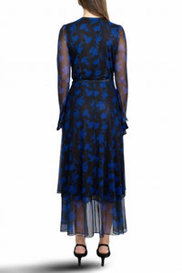 Laundry By Shelli Segal - Surplice V-neck Back Zipper Midi Draped Mesh Dress