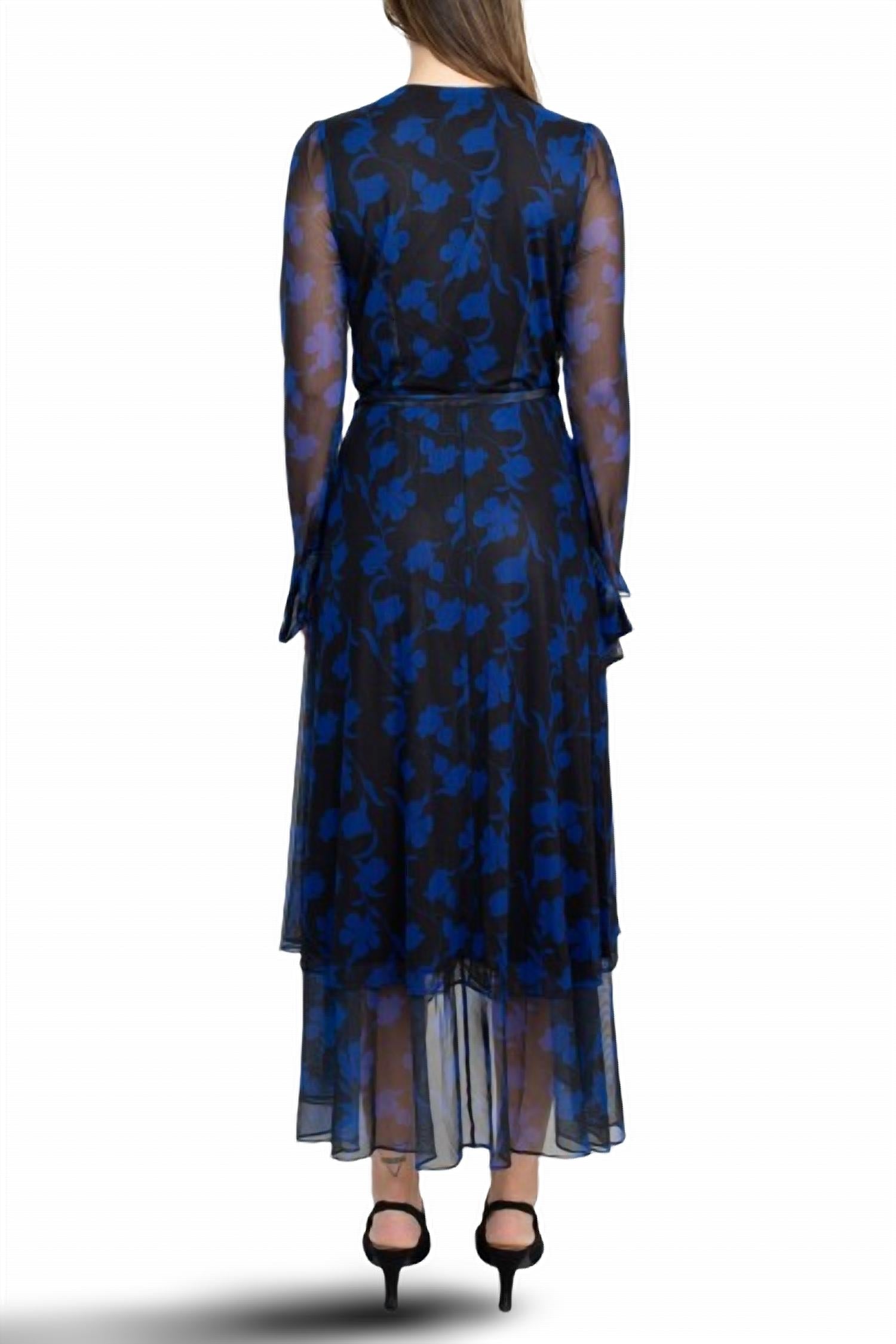 Laundry By Shelli Segal - Surplice V-neck Back Zipper Midi Draped Mesh Dress