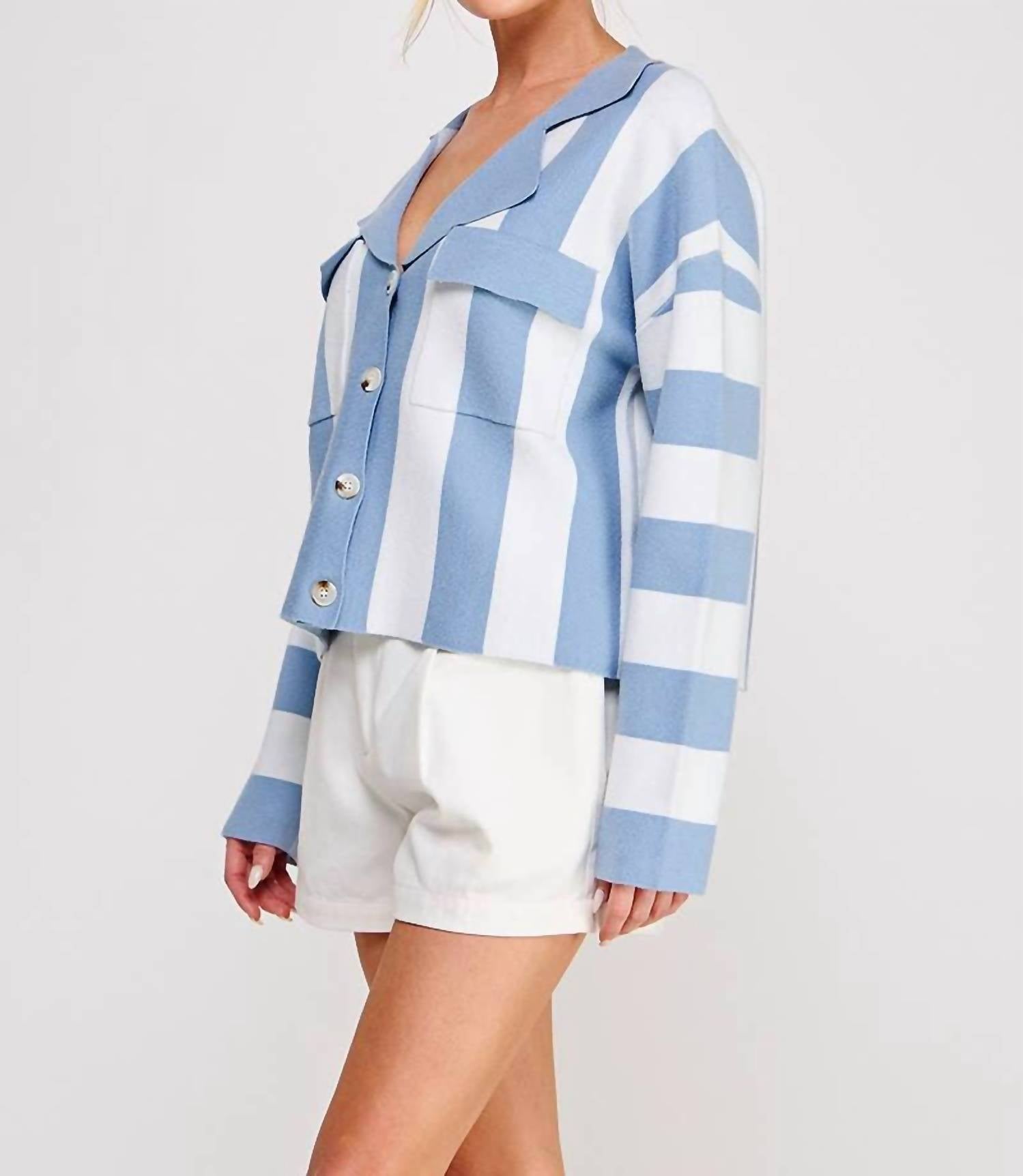 ALLIE ROSE Striped Soft Relaxed Collared Cardigan in ivory blue - women's cardigan - alternate view