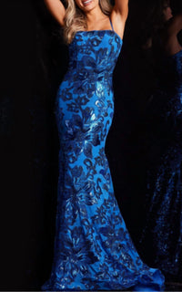 JOVANI Floral Shimmer Prom Formal Gown in blue multi - women's dress