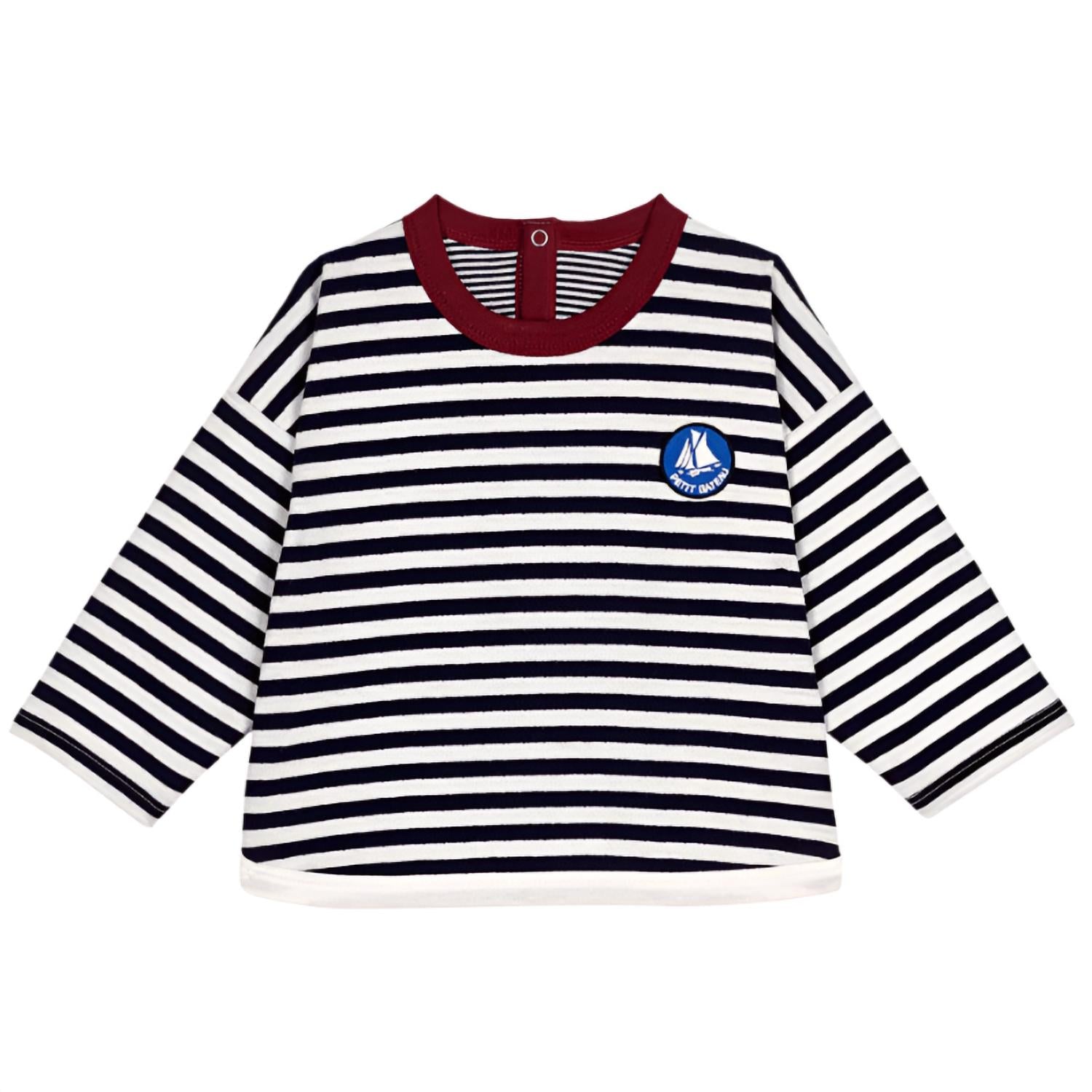 Petit Bateau Boat Striped Shirt in navy - kids' long sleeve top - detail view