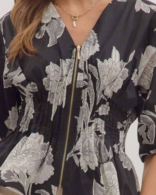 Entro - 3/4 Sleeve Floral Zip Up Peplum Blouse