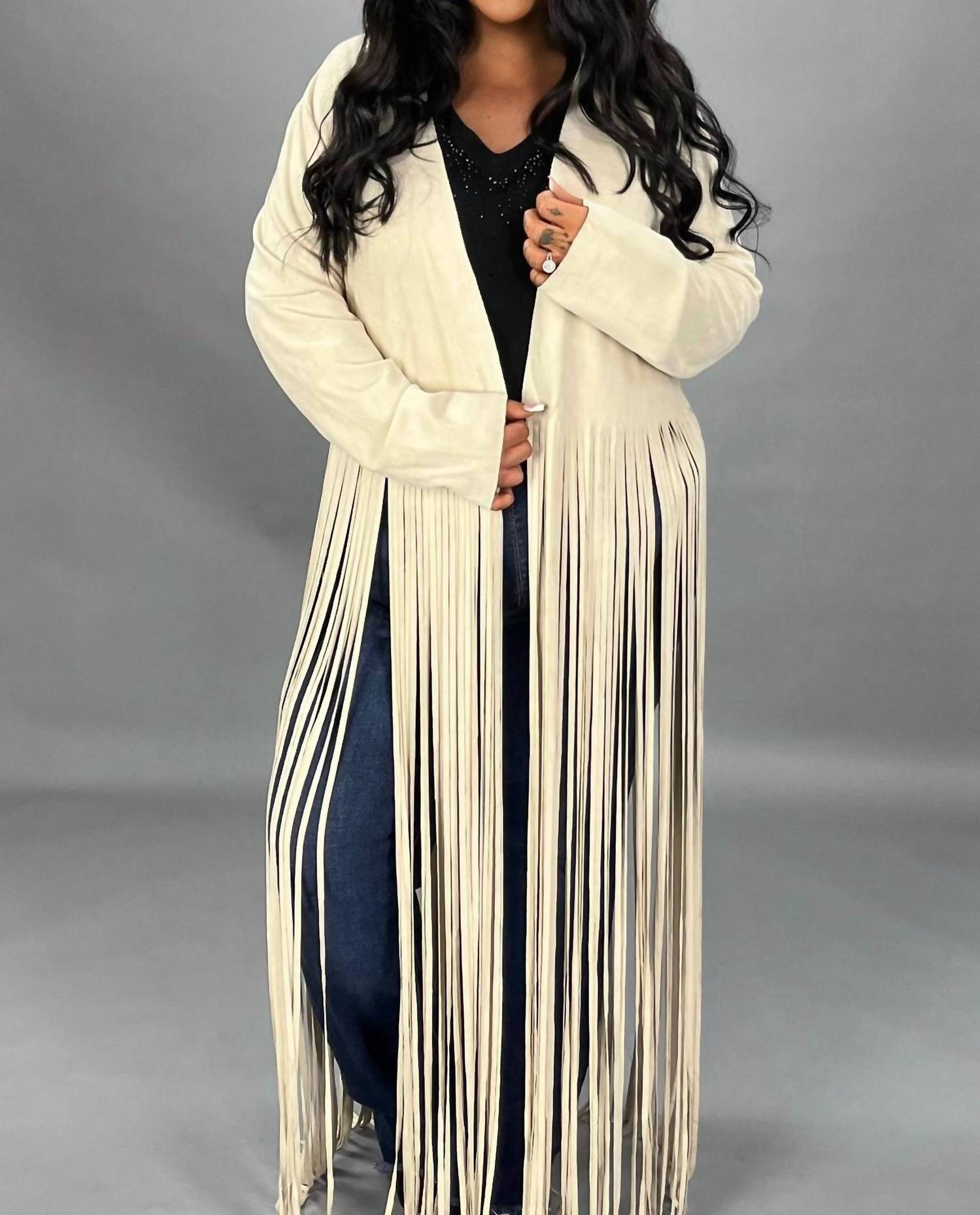 Vocal Apparel - Curvy Fringe Long Suede Jacket