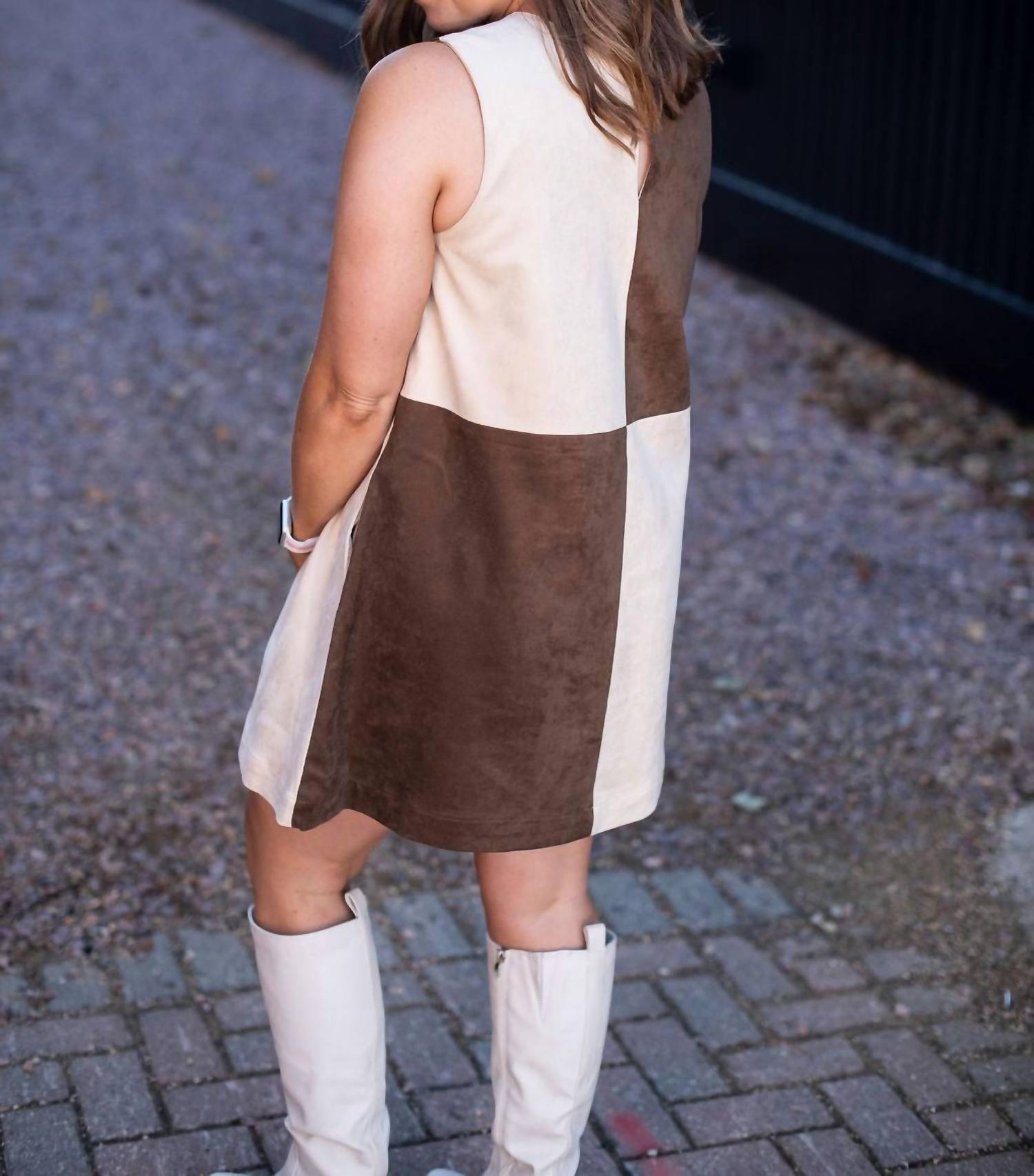 MIOU MUSE Women's Block Shift Dress in brown cream - women's dress - detail view