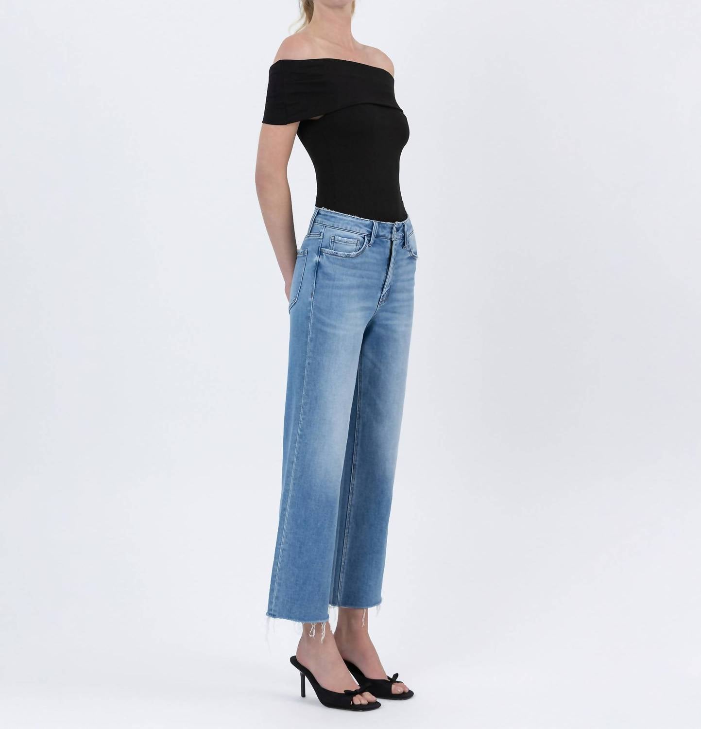 Flying Monkey - Lainey High Rise Raw Hem Crop Slim Wide Jeans