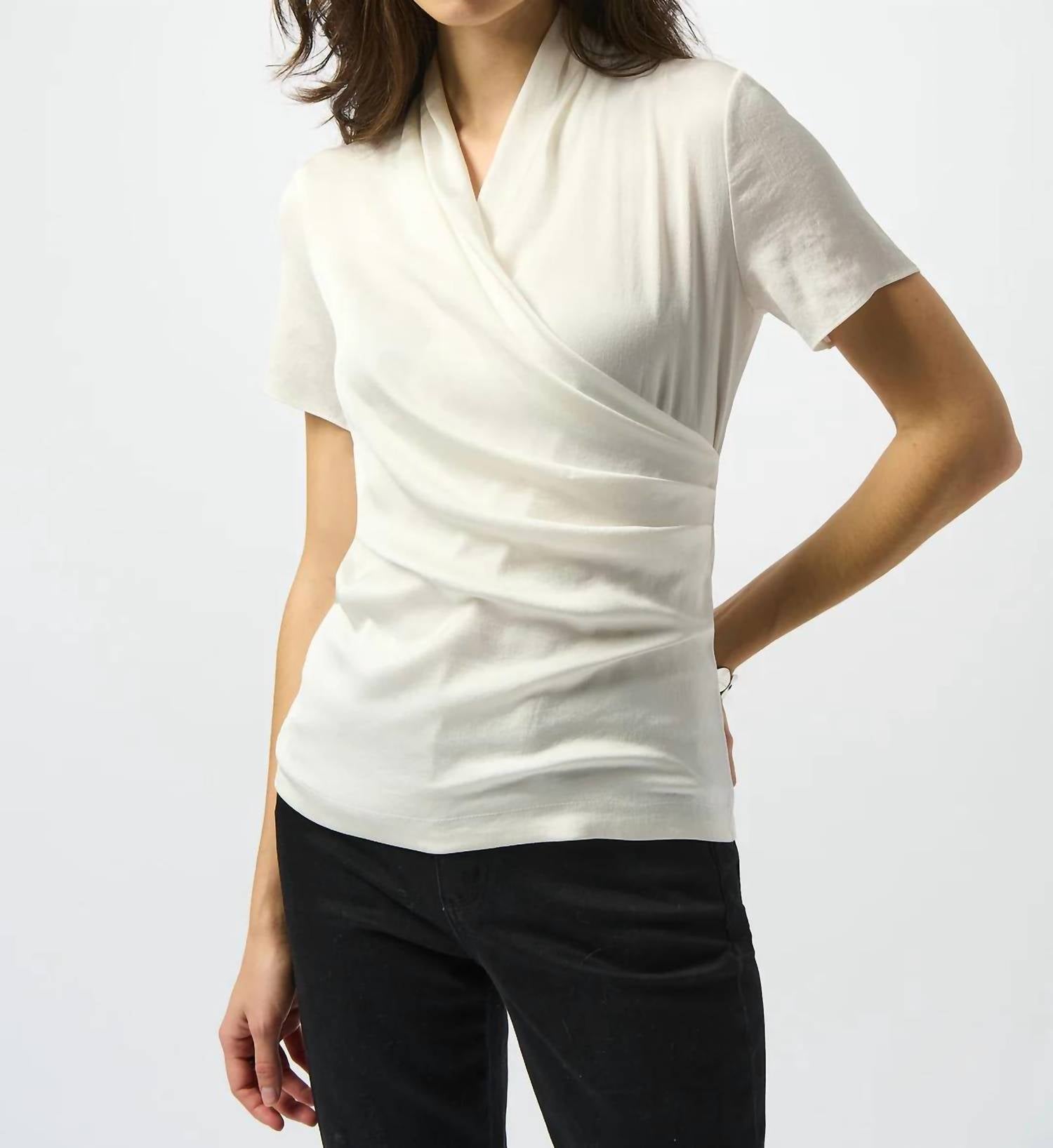 Joseph Ribkoff - Faux Wrap Short Sleeve Satin Knit Top