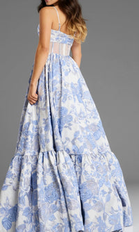 JOVANI Strapless Floral Ball Gown with Tiered Skirt in blue - women's dress - detail view