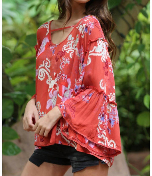 Angie - Floral Ruffle Seam Bell Sleeve Tunic