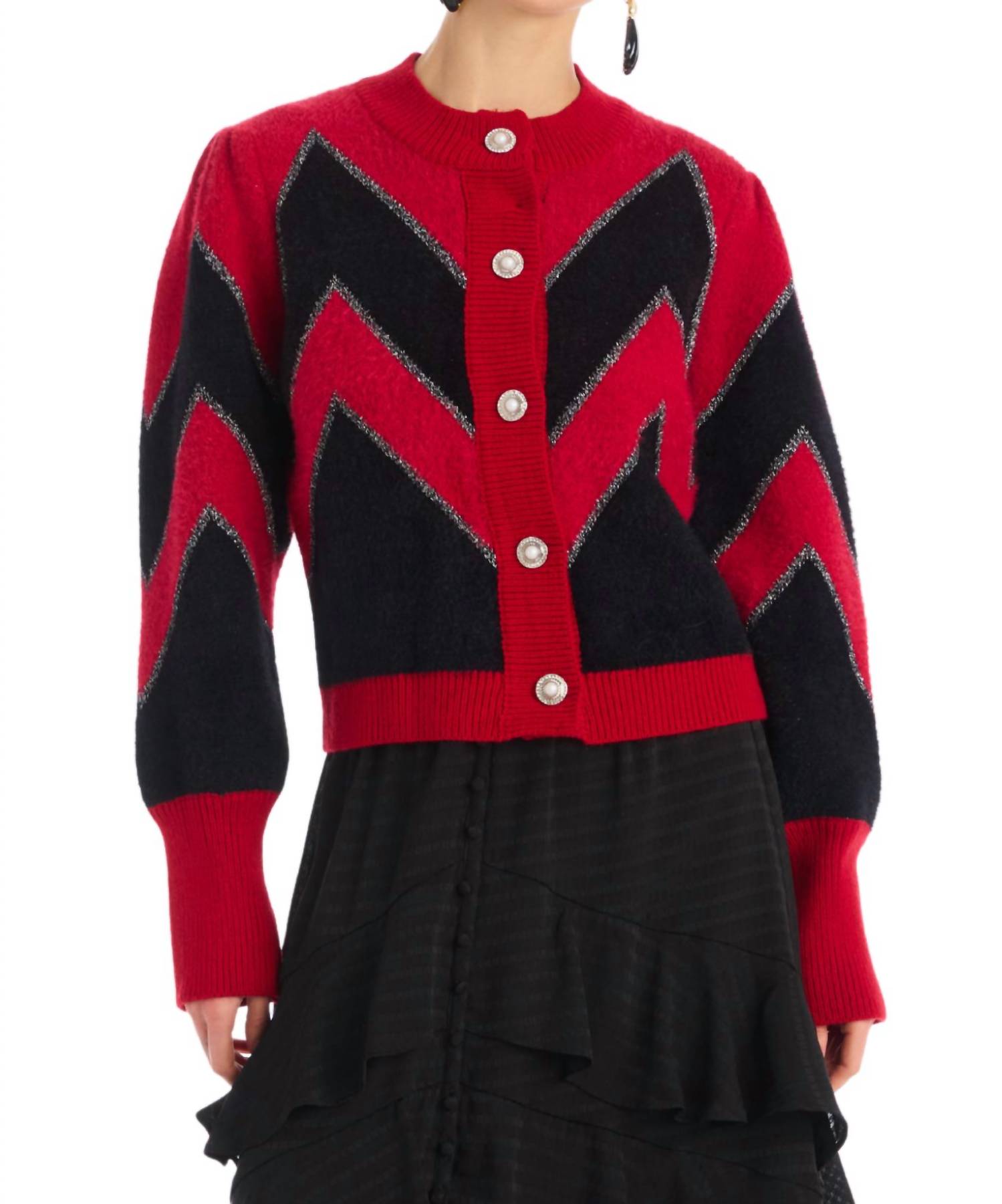 ALLISON NEW YORK Fuzzy Chevron Cardigan in red black - women's cardigan