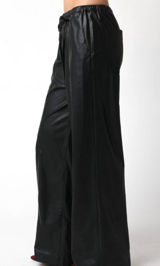 Olivaceous - Faux leather wide leg pants