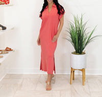 Entro - Solid Knit Split Collar Short Sleeve Midi Dress