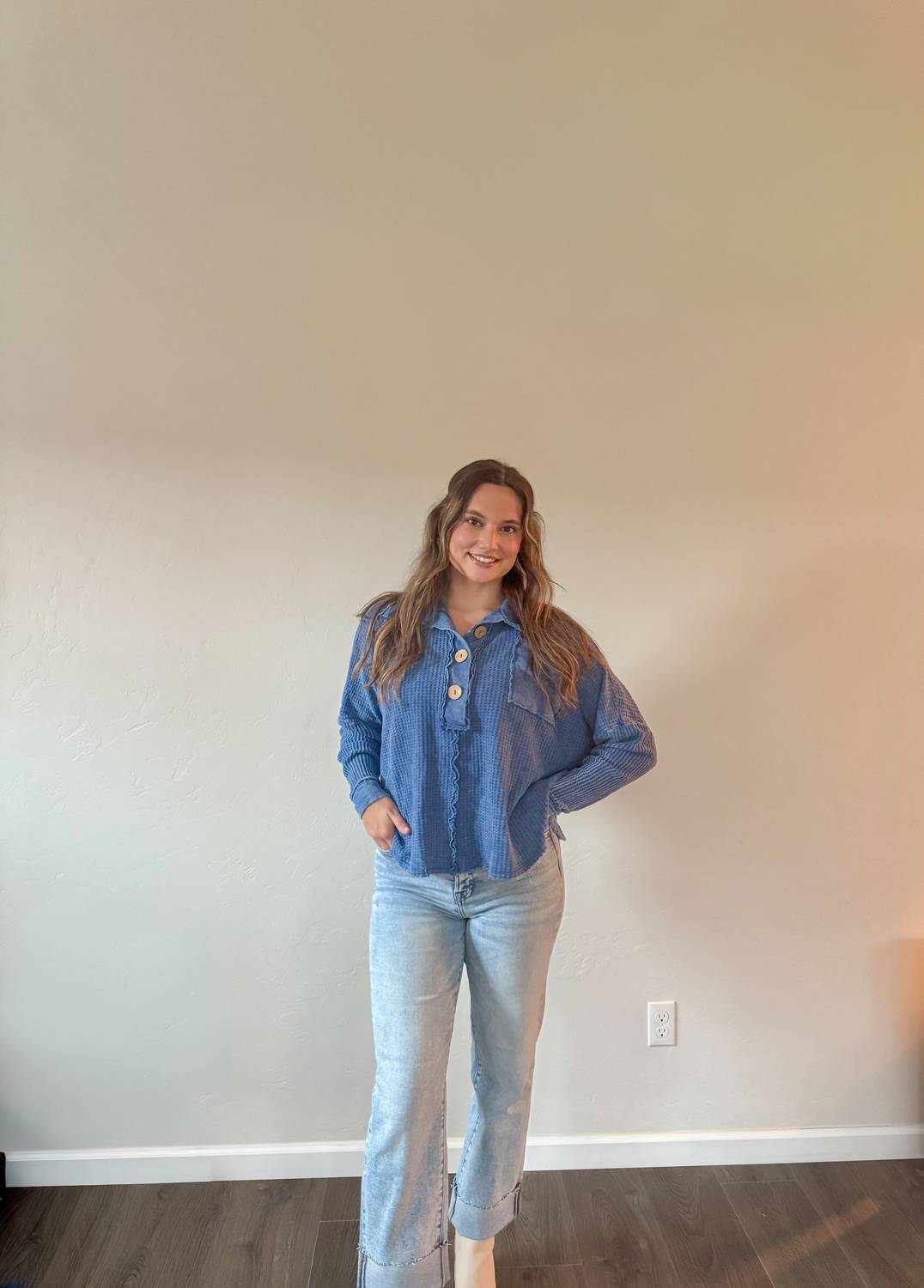 Blue Buttercup Mineral Dyed Waffle Tunic Top in blue - women's shirt