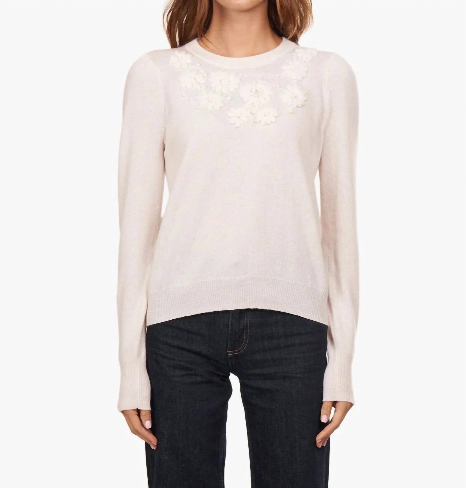 Autumn Cashmere - Puff Sleeve Crew With Floral Embroidery