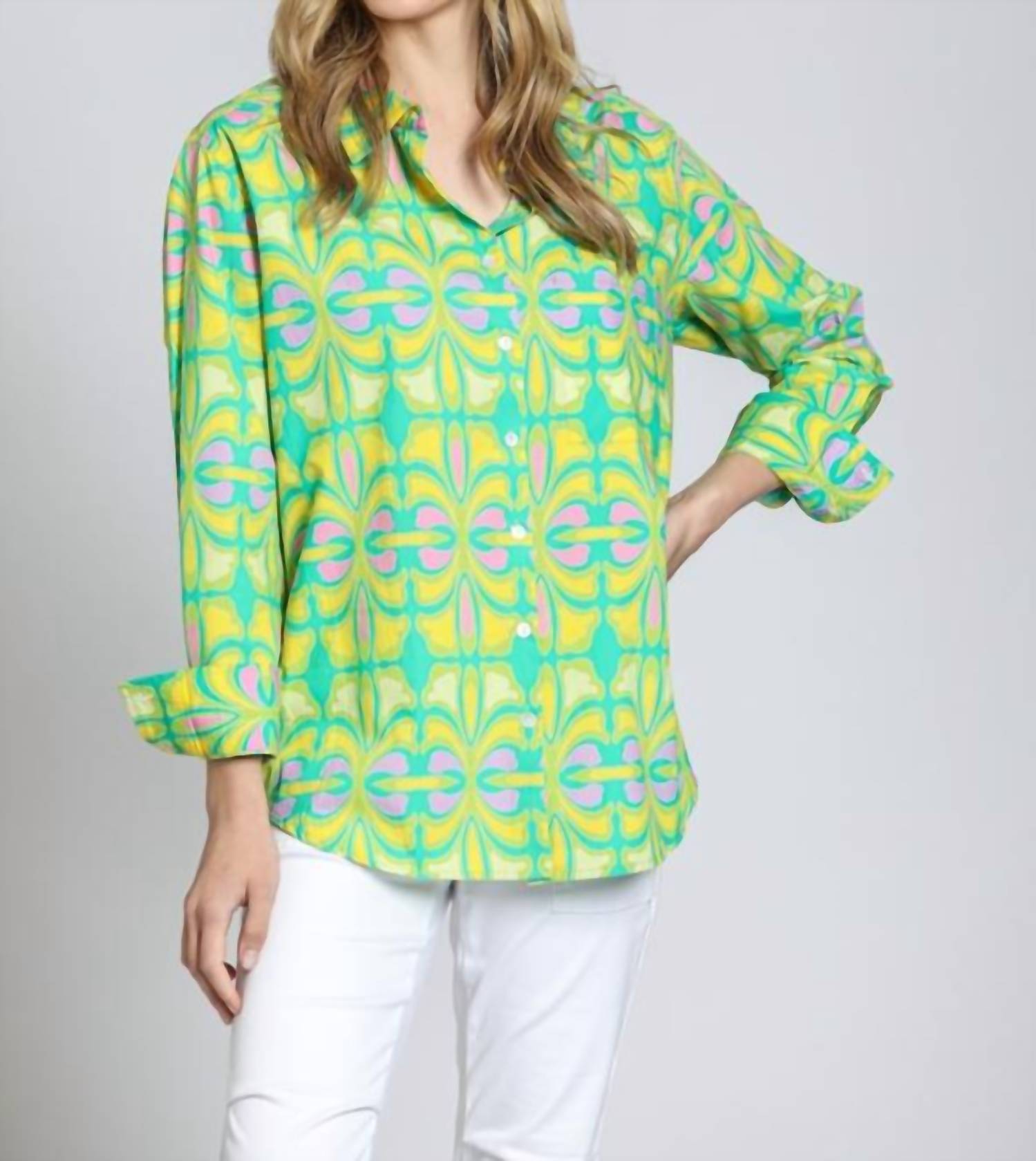 APNY Boyfriend Button-up Shirt in lime green multi - women's shirt