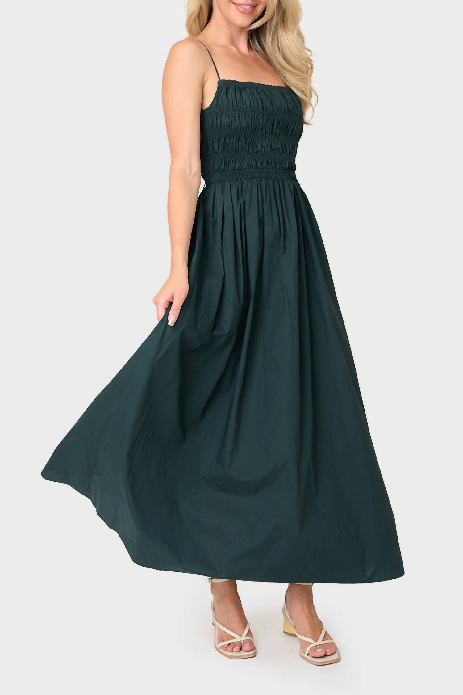 Moon River - Sleeveless Square Neck Shirred Tie Back Midi Dress
