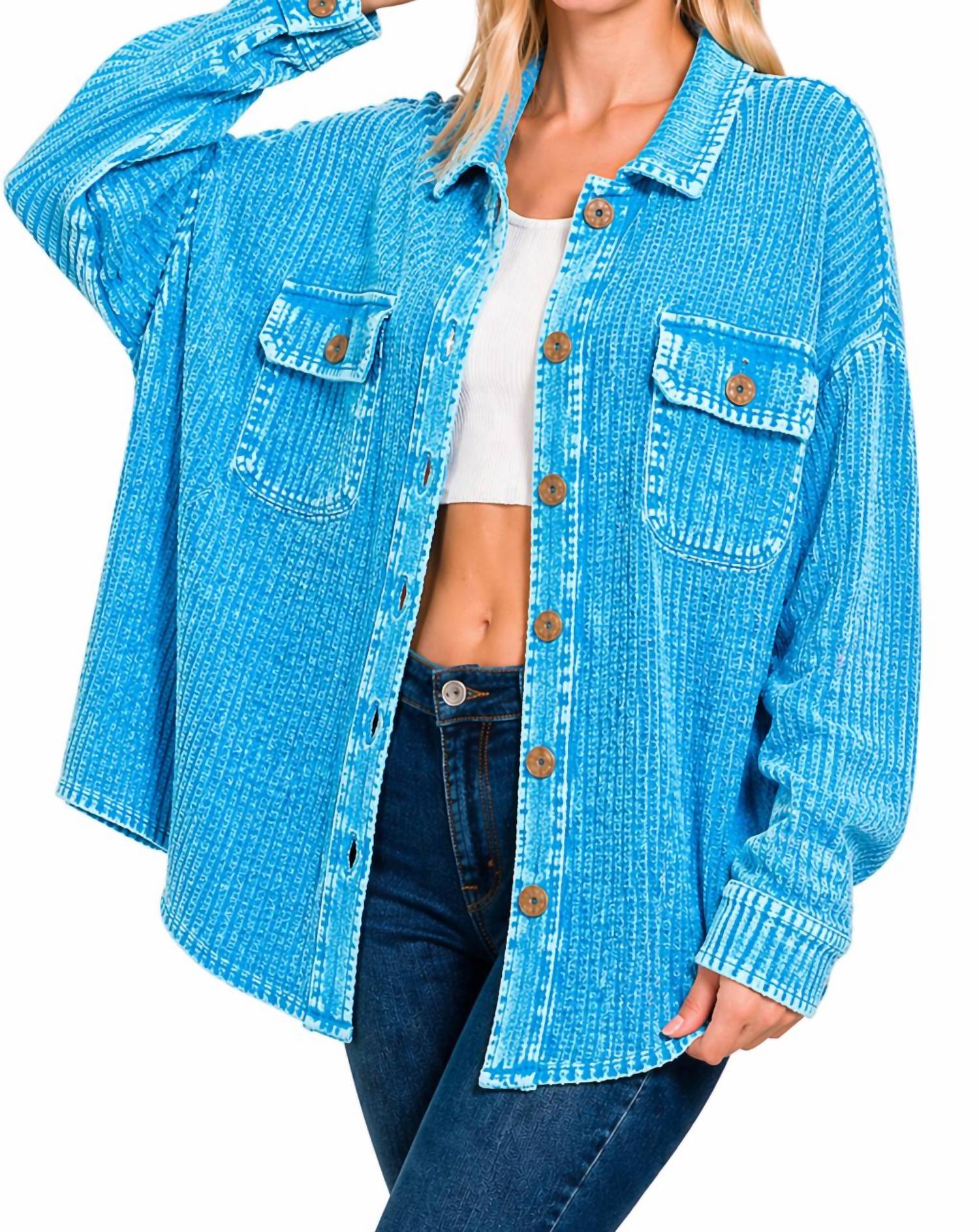 ZENANA Acid Wash Oversized Cotton Waffle Shacket in deep blue - women's jacket