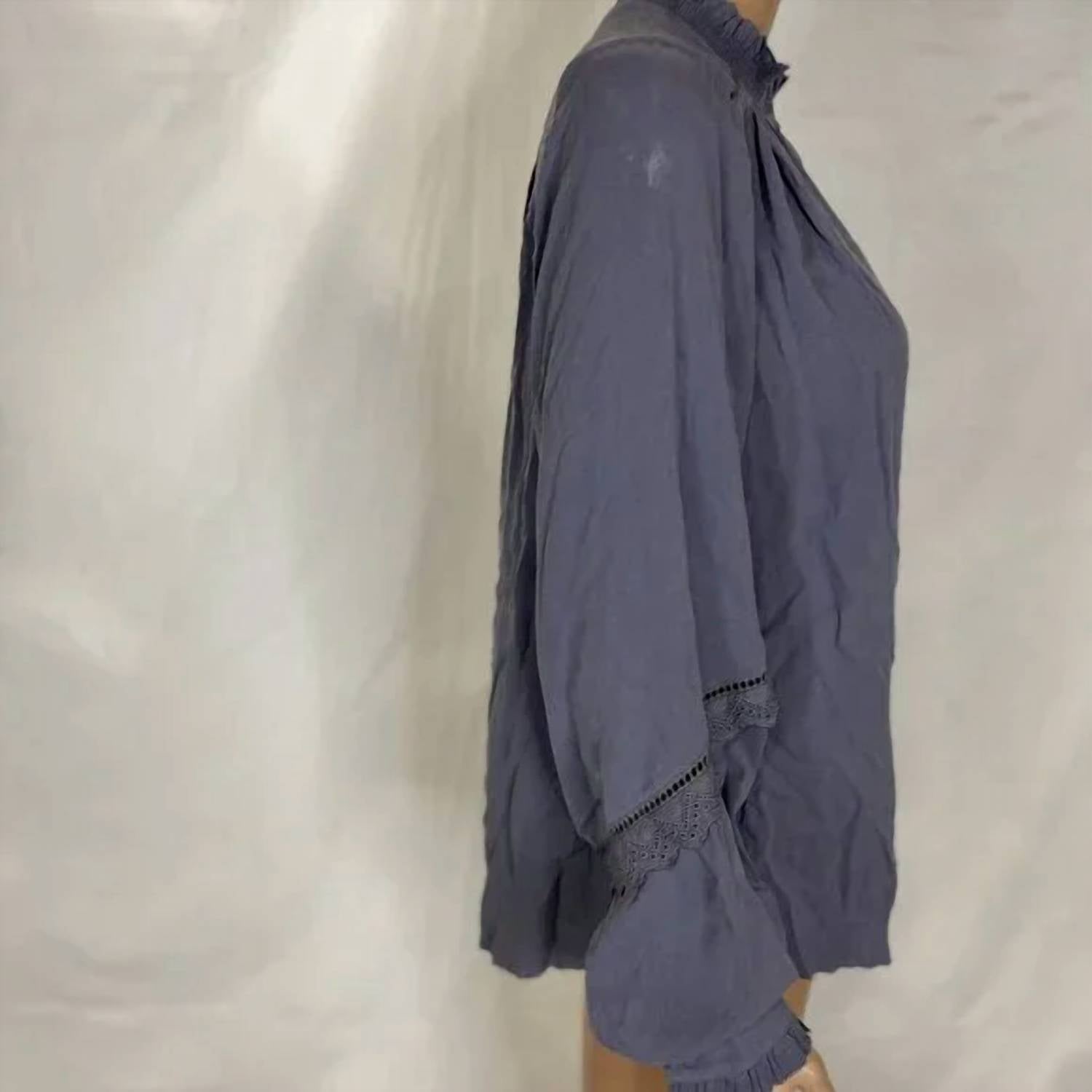 Go by Go Silk Women's Go Free Ruffle Silk Blouse in dusty blue - women's blouse - detail view