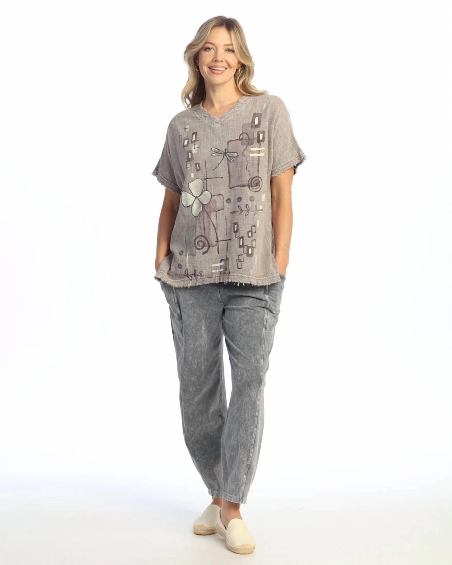 Jess & Jane - Mineral Washed Gauze Short Sleeve Top