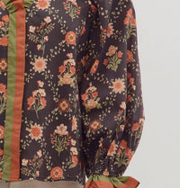 Entro - Floral Print Long Sleeve Top With Ruffle Trim
