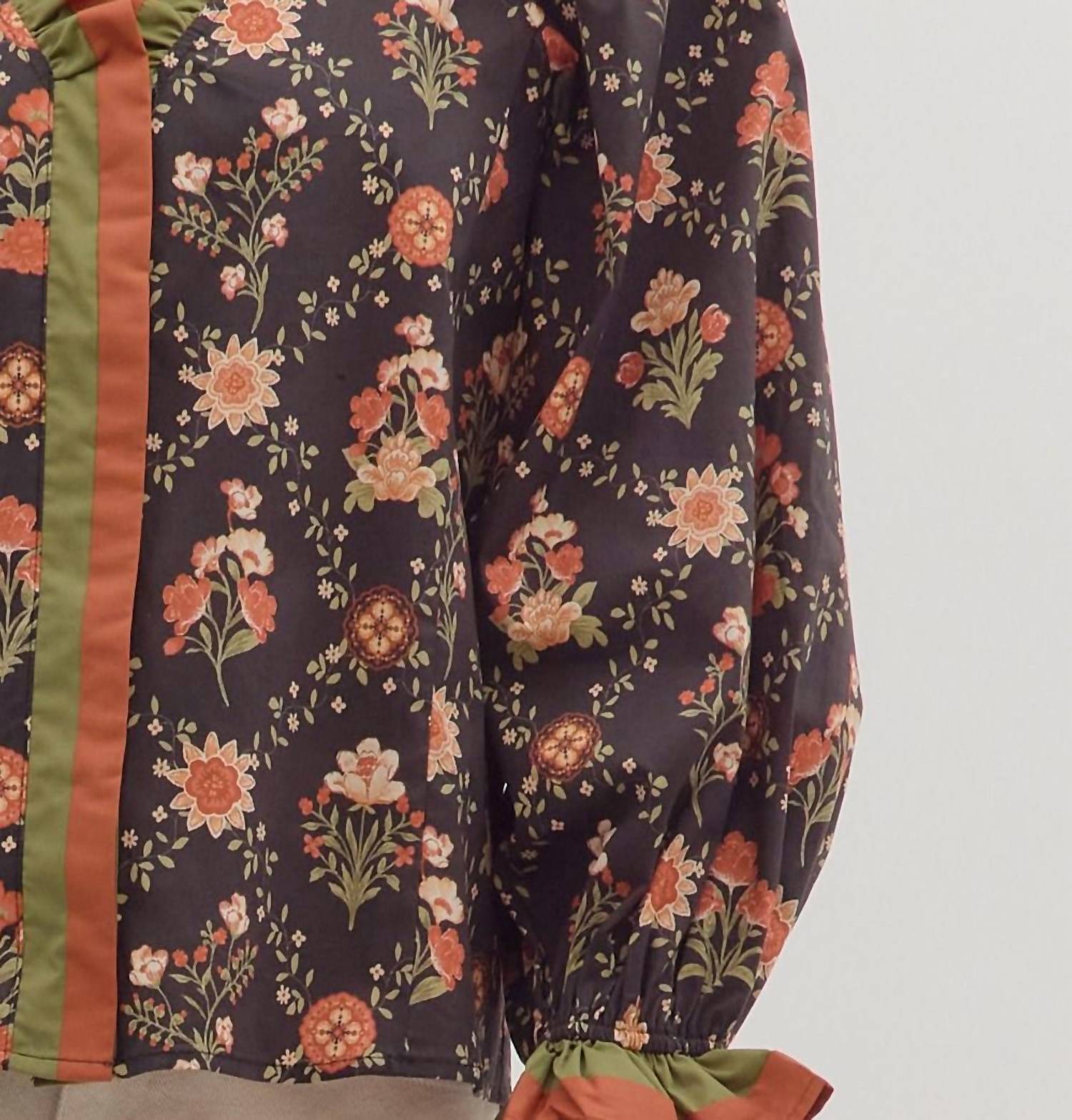 Entro - Floral Print Long Sleeve Top With Ruffle Trim