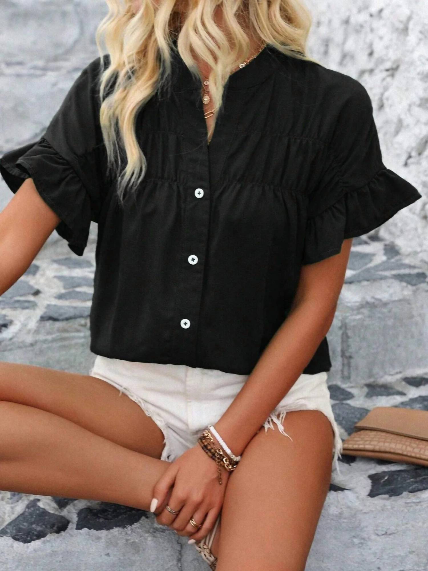 Trendsi - Button Down Ruffled Short Sleeve Shirt