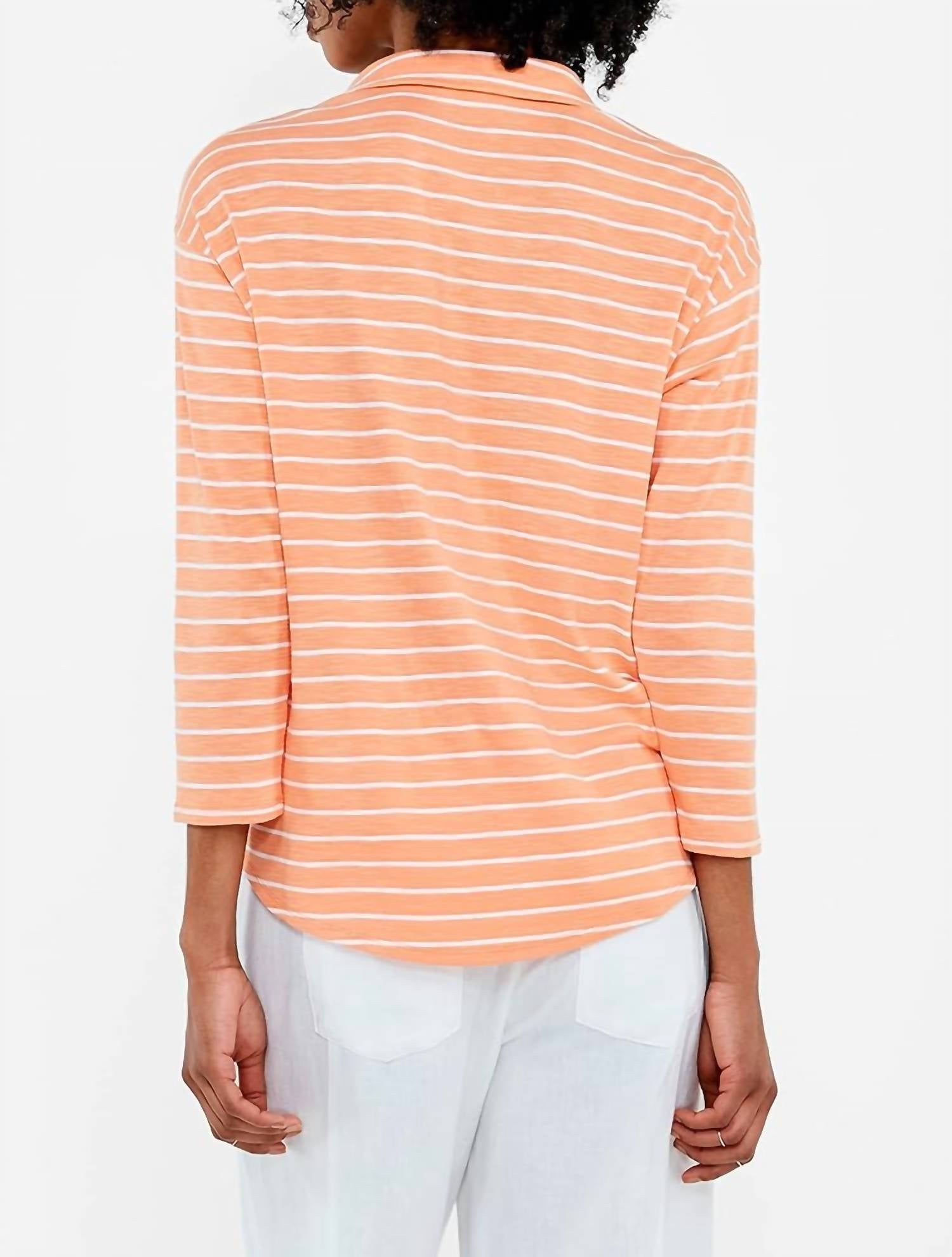 Nic + Zoe Women's Striped Henley Top in orange multi - women's long sleeve top - detail view