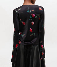 GANNI Printed Stretch Satin Blouse in black - women's blouse - detail view