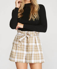 She + Sky - Checkered Paperbag Shorts With Pockets