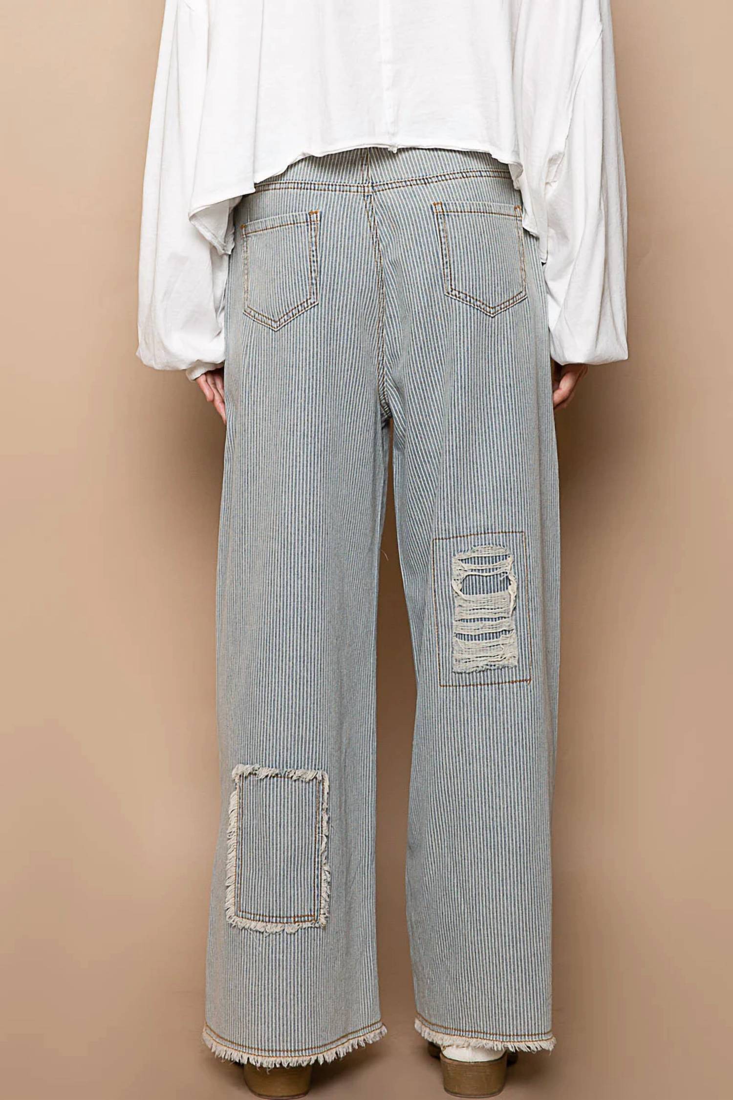 Pol - Wide Distressed Striped Denim Pants "Waist Strap"