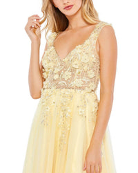 MAC DUGGAL Embellished Illusion Bustier A Line Gown in yellow - women's dress - alternate view